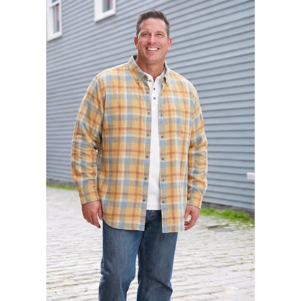 32 Bar Blues Mens Plaid Button‑Down Shirt Orange Blue Yellow 100% Cotton Size XL